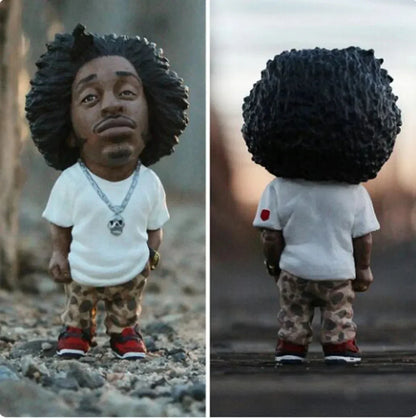 Black afro-haired figurine wearing white t-shirt and camouflage pants hip hop legend commemorative resin ornament