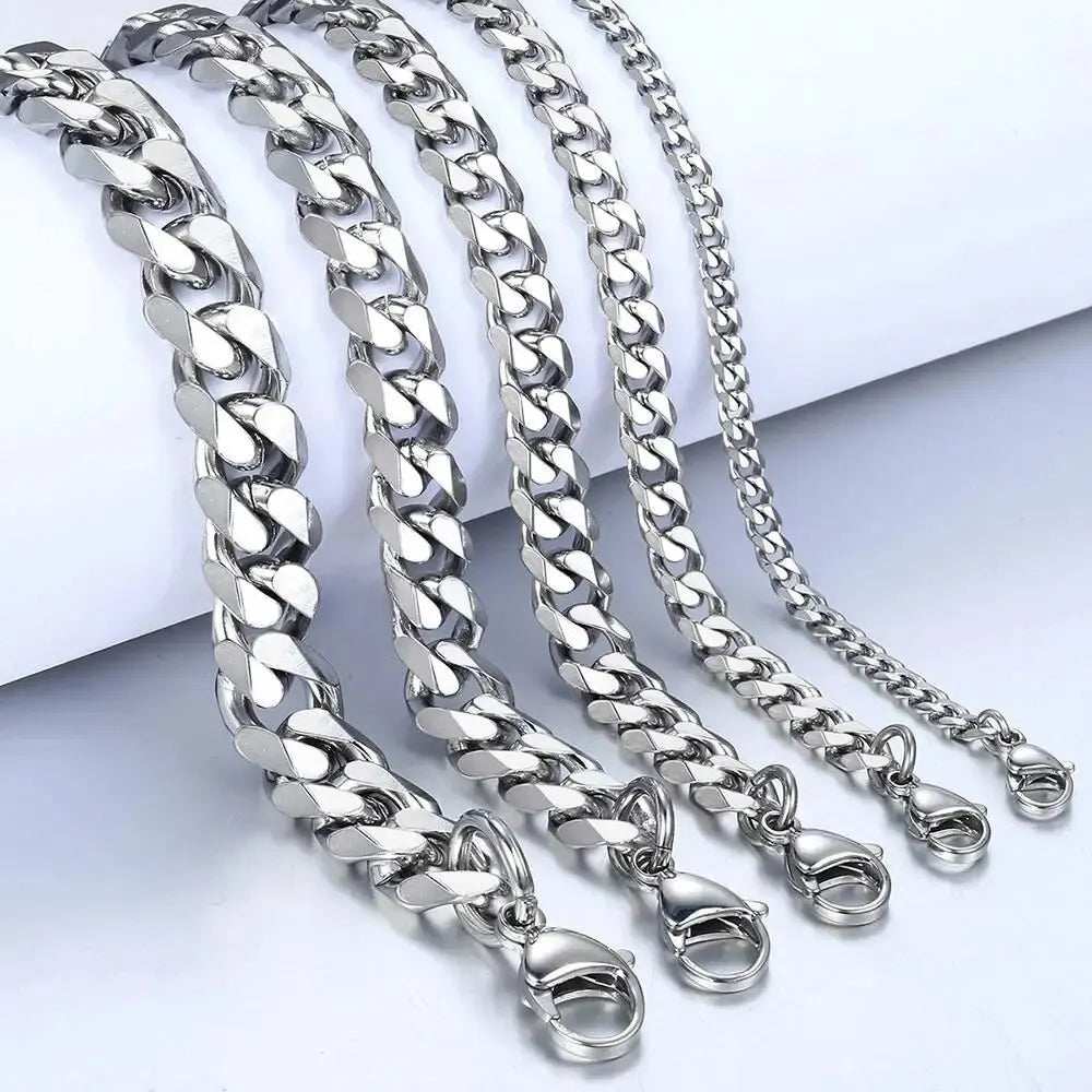 Silver-toned stainless steel overbearing cuban chain party necklace with bold curb links and lobster clasps for men and women