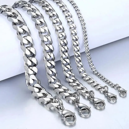 Silver-toned stainless steel overbearing cuban chain party necklace with bold curb links and lobster clasps for men and women