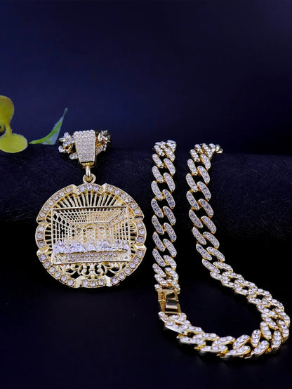 Gold 14k gold plated hip hop punk round medallion pendant with detailed architectural design and rhinestones on ice chain