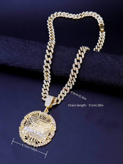 Gold-colored 14k gold plated hip hop punk curb chain necklace with round medallion and intricate architectural pendant