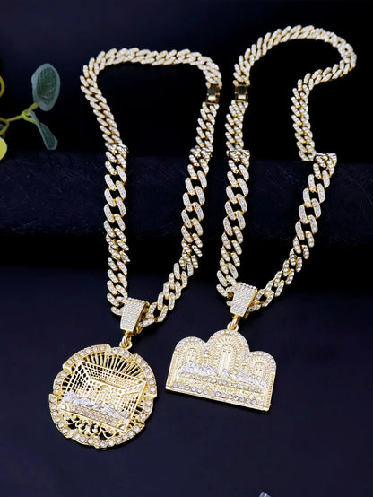 Gold-colored 14k gold plated hip hop punk style round medallion necklace with diamond-encrusted last supper pendant and cross charm