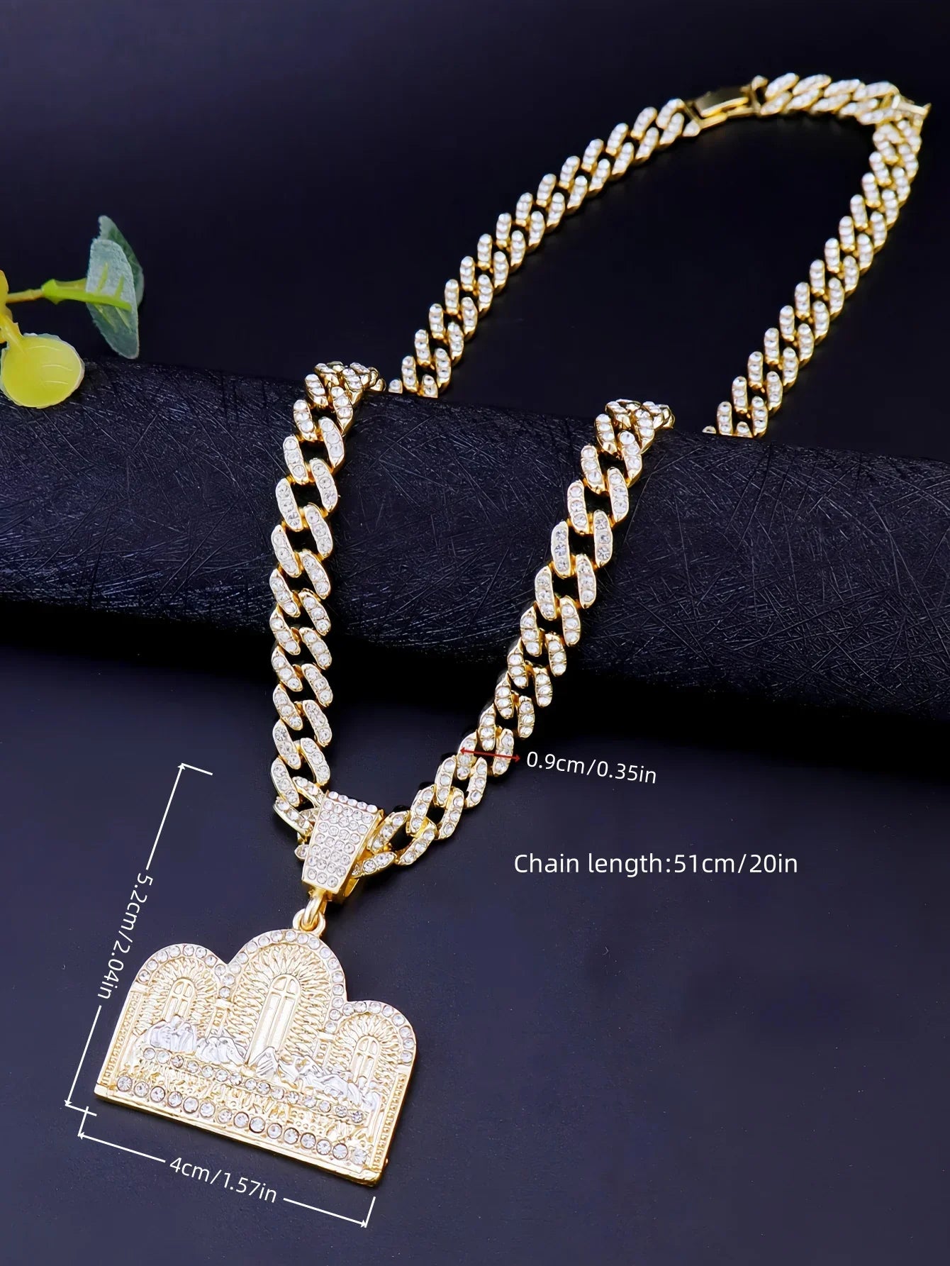 14k gold plated hip hop punk style cuban link chain necklace with rectangular diamond pendant featuring religious scene