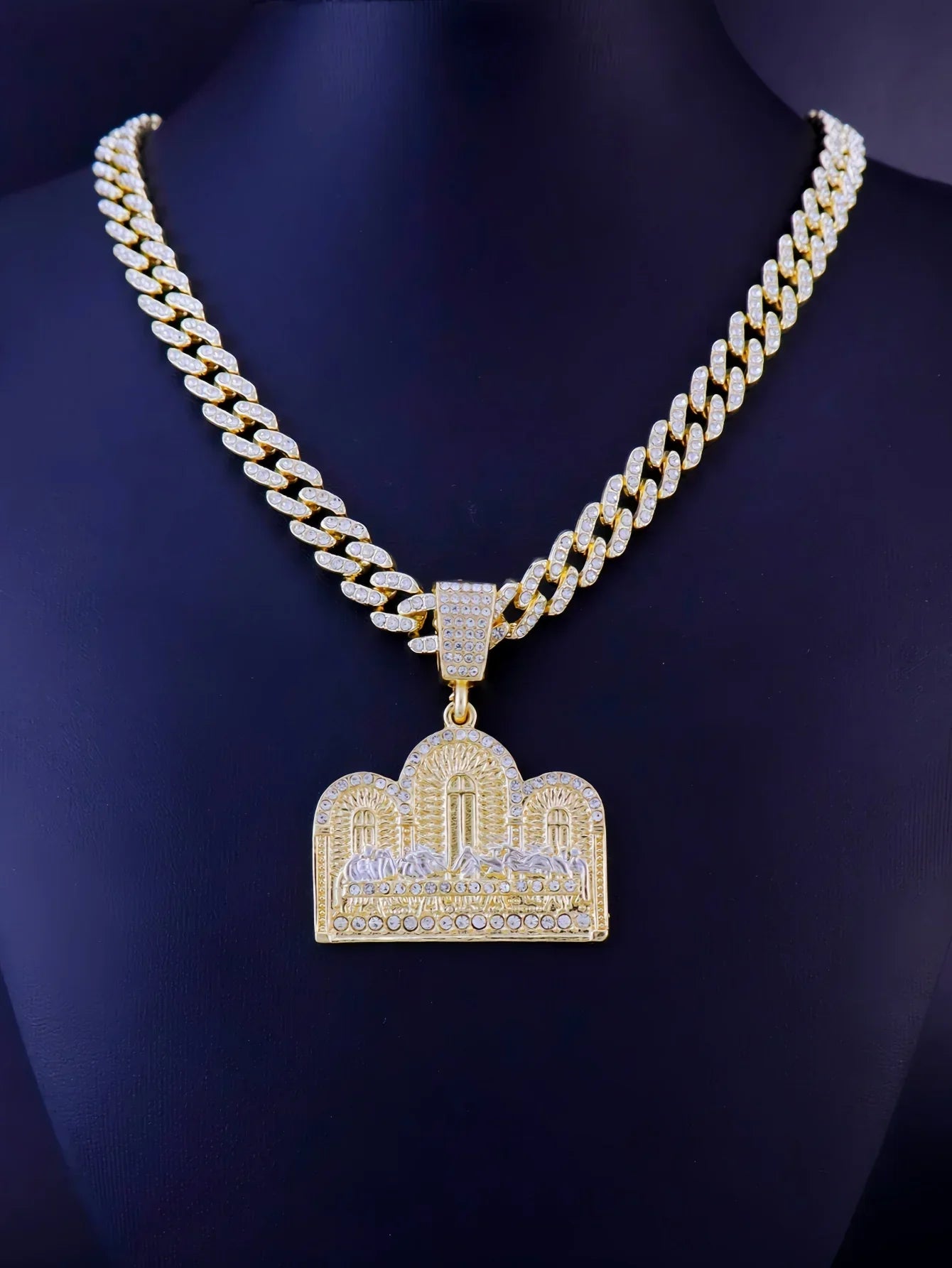 14k gold plated hip hop punk round medallion necklace with last supper pendant and clear stones on Cuban chain