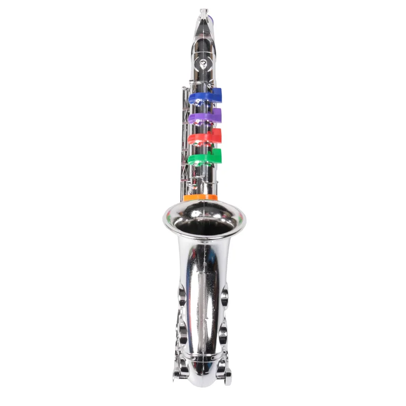Shiny chrome-colored toy saxophone with colorful plastic key covers in blue purple red green and orange musical instruments brass