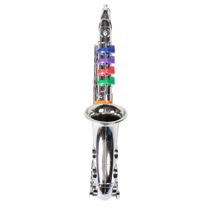 Shiny chrome-colored toy saxophone with colorful plastic key covers in blue purple red green and orange musical instruments brass