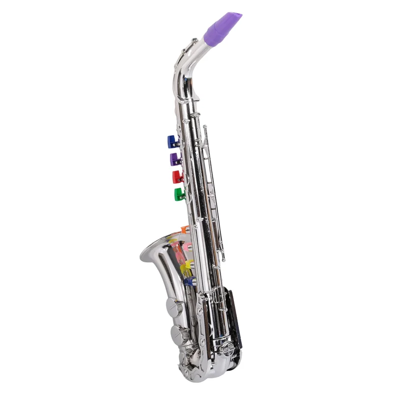 A shiny silver musical instruments brass saxophone with a purple mouthpiece and rainbow-colored keys for children wind instrumentabht