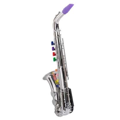 A shiny silver musical instruments brass saxophone with a purple mouthpiece and rainbow-colored keys for children wind instrumentabht