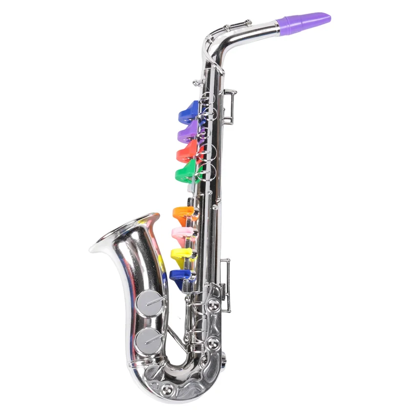 A shiny silver brass musical wind instrumentabht toy saxophone with rainbow keys and a purple mouthpiece for children