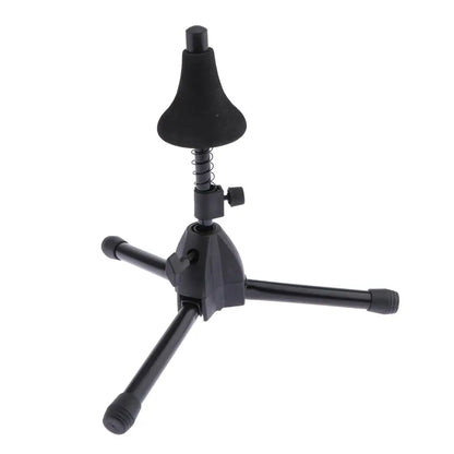 Black iron trumpet stand holder with adjustable spring-loaded clamp and three folding legs for brass instruments