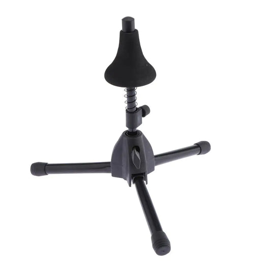 Black plastic detachable trumpet stand with iron trumpet support bracket and spring-loaded clamp for brass instruments