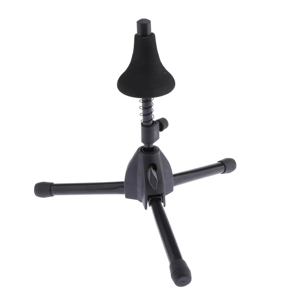 Black iron trumpet stand holder with three folding legs and spring-loaded clamp for secure support of brass instruments