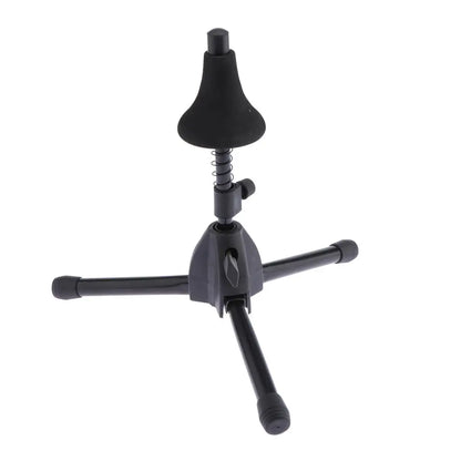 Black iron trumpet stand holder with three folding legs and spring-loaded clamp for secure support of brass instruments