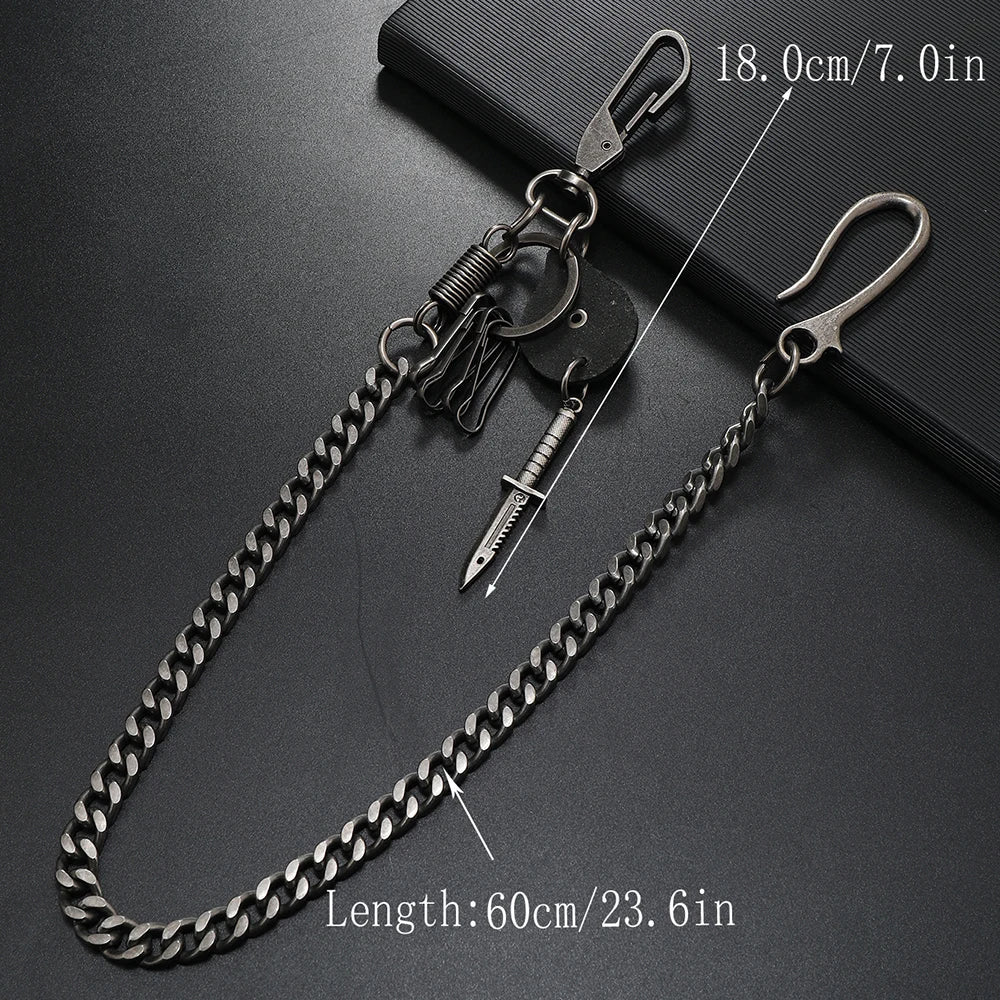 Blackened steel 1 piece hip-hop jewelry personality pants chain with knife pendant and multiple key hooks for men’s accessories
