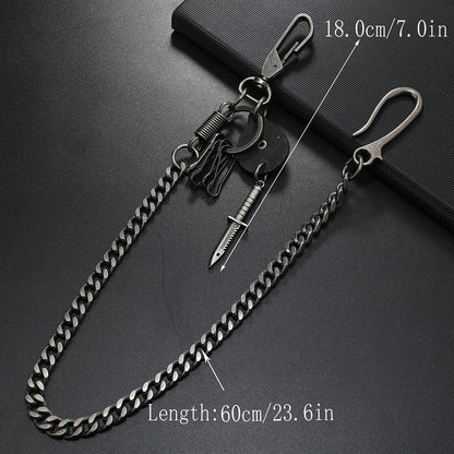 Blackened steel 1 piece hip-hop jewelry personality pants chain with knife pendant and multiple key hooks for men’s accessories