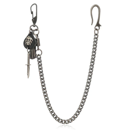 Silver-toned chain men’s accessories with skull and dagger charm for jewelry personality pants chain hip-hop style