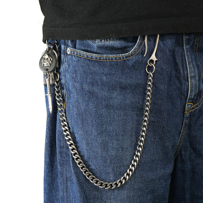 Silver-toned silver piece hip-hop jewelry personality pants chain with skull pendant and attached keychain for men’s accessories