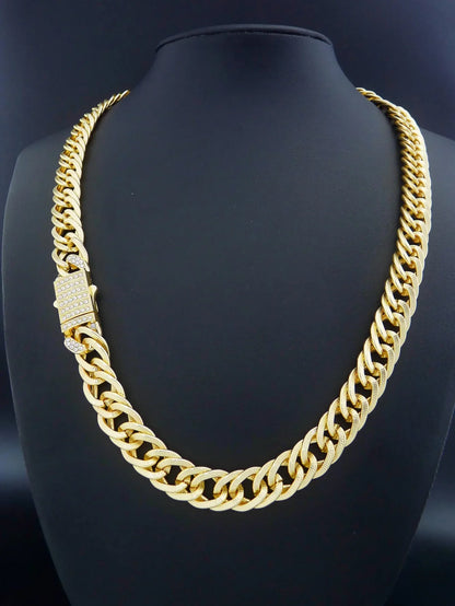 Gold colored 14k gold plated hip hop punk gold plated cuban link chain necklace with diamond encrusted clasp