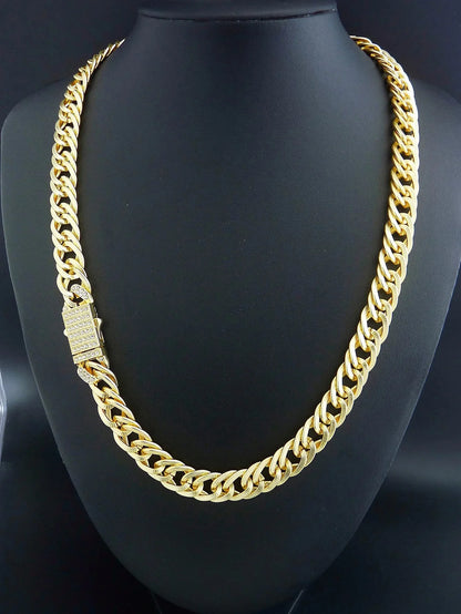 Gold colored 14k gold plated hip hop punk Cuban link chain necklace with diamond encrusted clasp for stylish wear