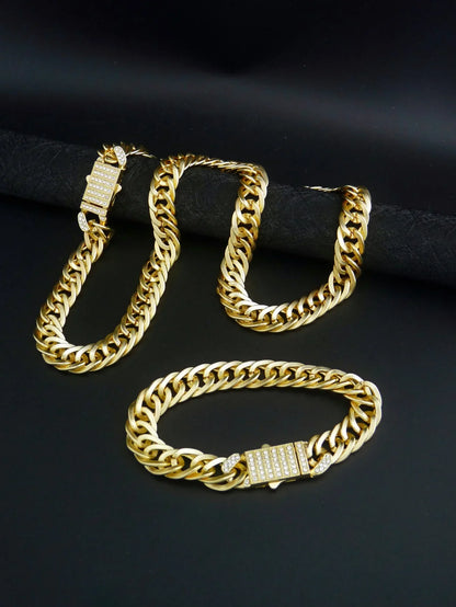 14k gold plated hip hop punk style gold plated cuban link chain set with diamond encrusted clasp in gold color