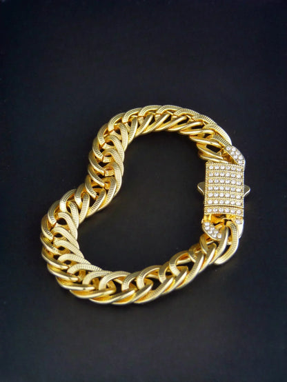 14k gold plated hip hop punk style gold plated cuban link bracelet with diamond encrusted clasp in gold color