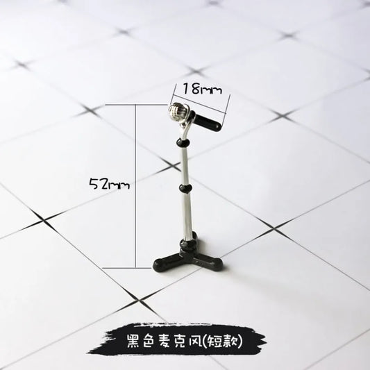 Black miniature microphone dollhouse accessory with silver adjustable pole and black base short model creative simulation miniature