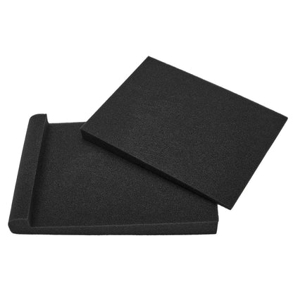 Black rectangular high density foam studio monitor speaker isolation pads with textured surface and raised edges for soundproofing