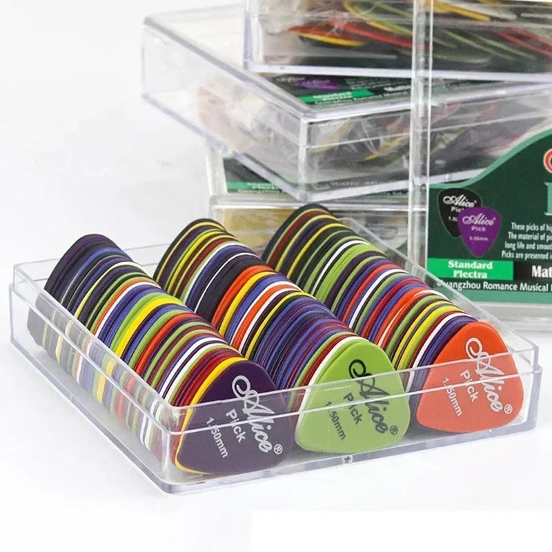 A vibrant collection of alice brand guitar pick original sound in assorted colors and thicknesses for electric bass moderator inside clear organizer