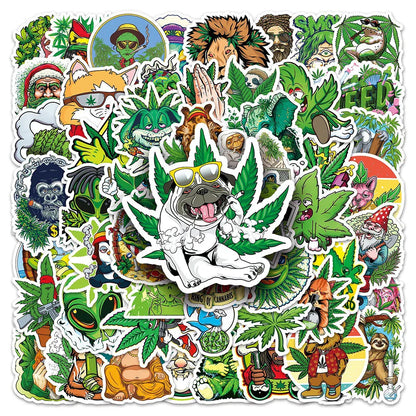 A vibrant collection of 100pcs funny hemp waterproof suitcase luggage stickers featuring smoking cartoon graffiti designs
