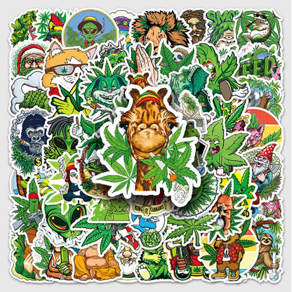 A vibrant 100pcs funny hemp leaf stickers set with smoking cartoon graffiti designs for waterproof suitcase luggage decals