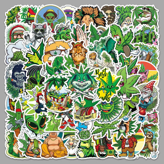 A vibrant 100pcs funny hemp leaf stickers set featuring smoking cartoon graffiti in green yellow and red for waterproof suitcase luggage use