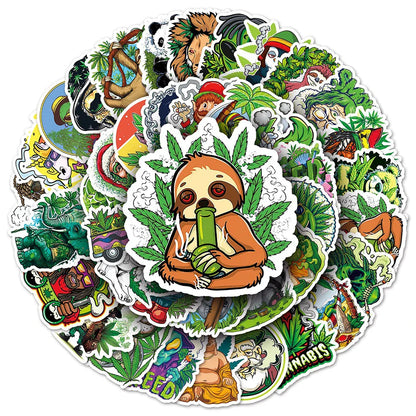A vibrant 100pcs funny hemp waterproof suitcase luggage sticker set featuring smoking cartoon graffiti designs including a sloth