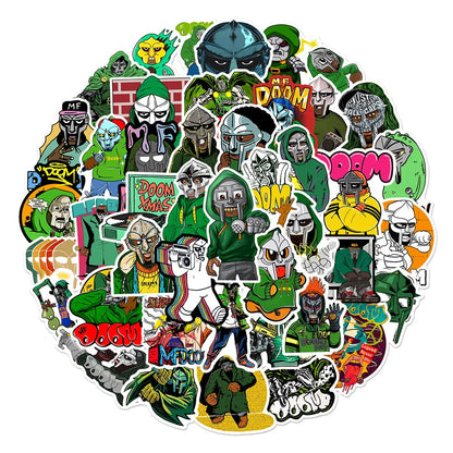 A vibrant collection of rapper mf doom stickers in green and black graffiti style for luggage laptop guitar and skateboard decals