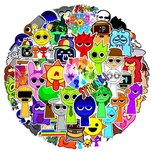 A vibrant collection of sprunki stickers funny featuring colorful cartoon designs for diy phone luggage and music game decoration
