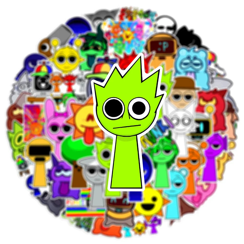 Bright green spiky crown cartoon character from 50pcs sprunki stickers ideal for diy phone luggage and game sticker toys