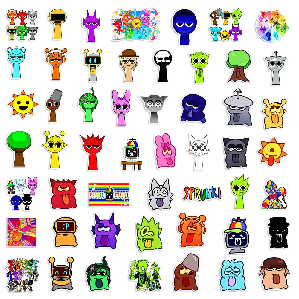 A collection of colorful 50pcs sprunki stickers with funny music game designs for phone luggage laptop and more