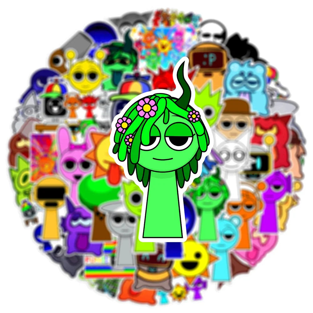 Green cartoon character sprunki stickers funny with pink flowers in hair for diy phone luggage music game decor