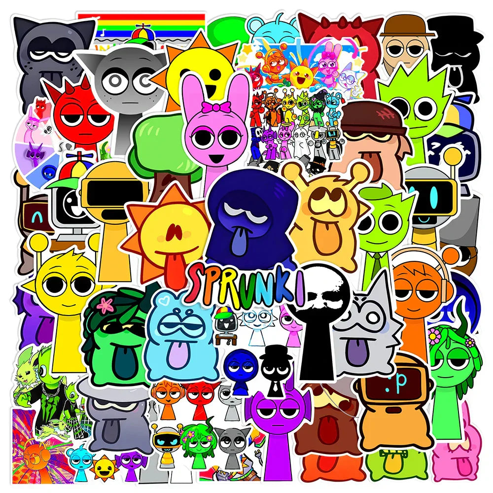 A vibrant collection of 50pcs sprunki stickers featuring colorful funny music game designs for phone luggage laptop decor