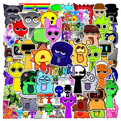 A vibrant collection of 50pcs sprunki stickers featuring colorful funny music game designs for phone luggage laptop decor