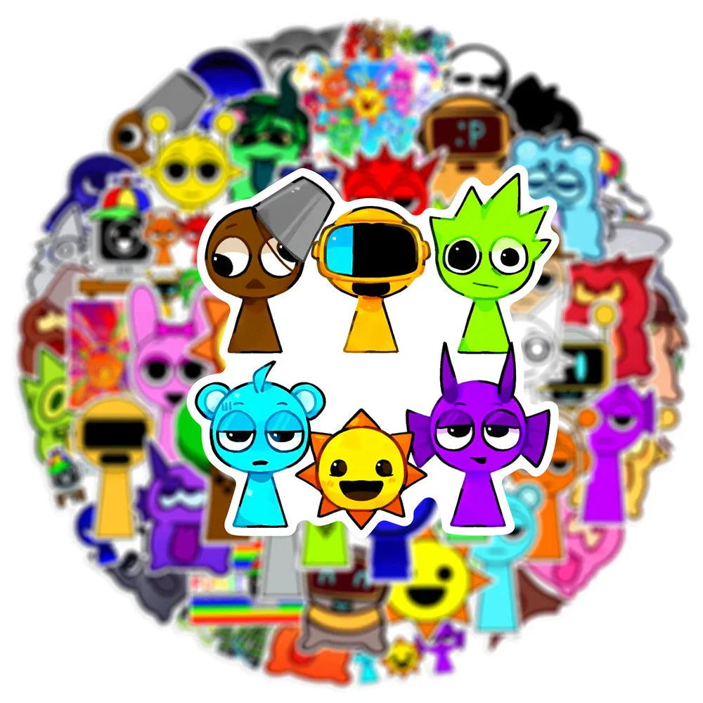 A vibrant collection of colorful 50pcs sprunki stickers featuring cartoon designs for diy phone luggage and game sticker toys
