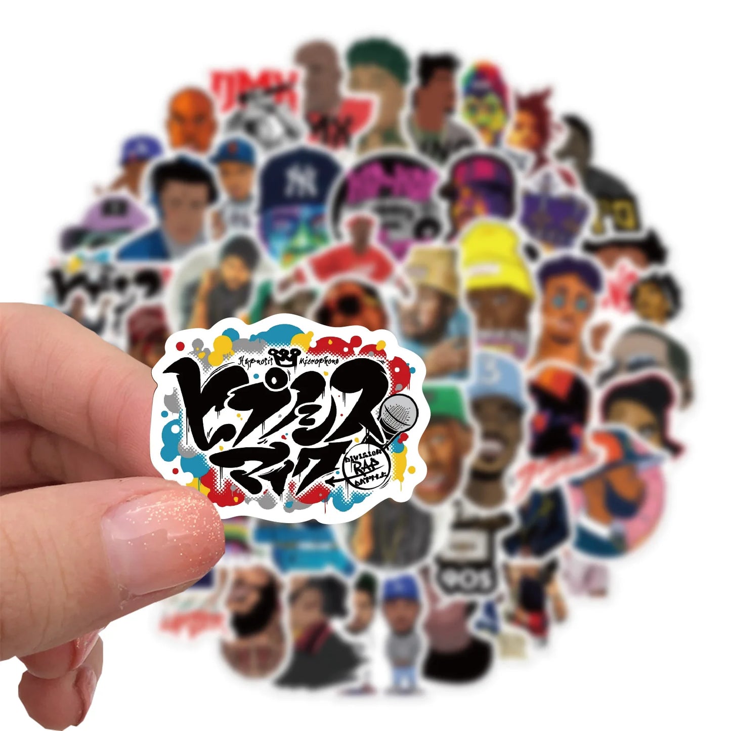 A colorful graffiti-style 64pcs mix rapper hip hop singer cartoon sticker with bold black lettering for fridge phone laptop