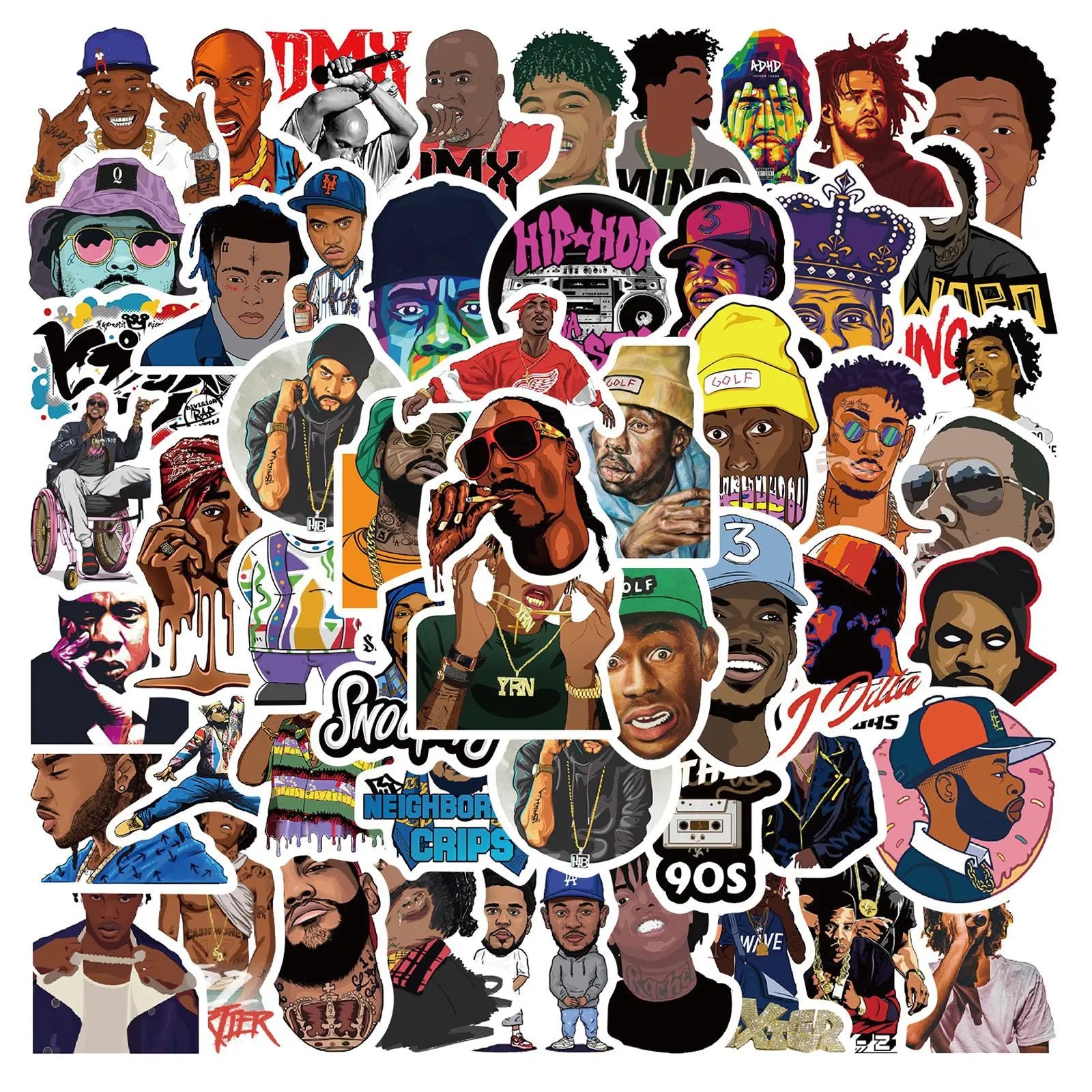 A vibrant 64pcs mix rapper hop singer cartoon stickers pack for fridge phone laptop guitar and car decoration