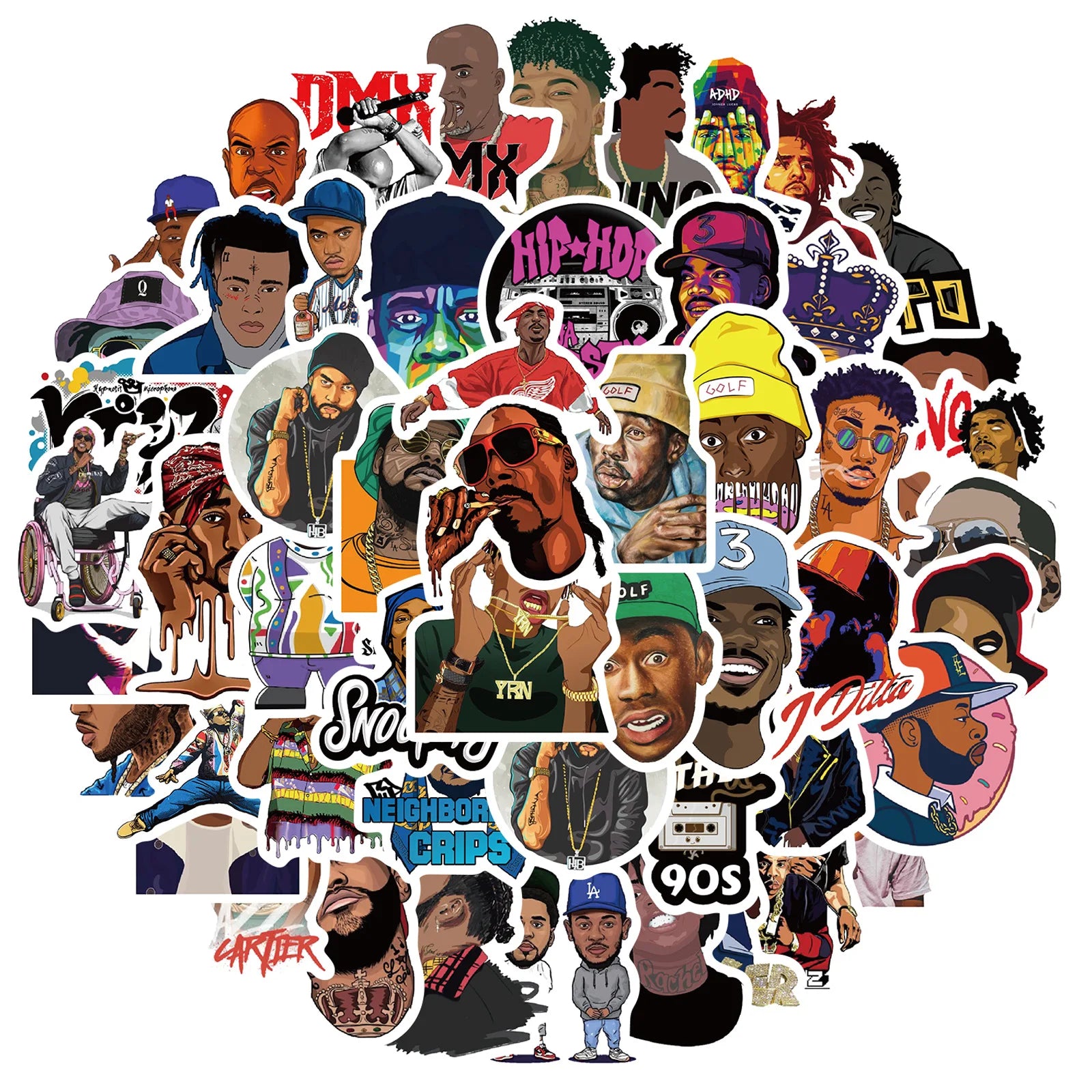 A vibrant 64pcs mix rapper hip hop singer cartoon stickers with colorful illustrations for fridge phone laptop decor