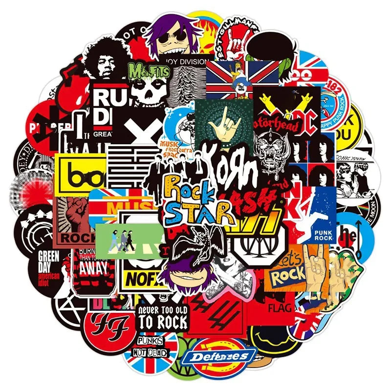 A vibrant set of 100pcs classic graffiti music band decals featuring bold punk rock designs for diy helmet guitar and laptop