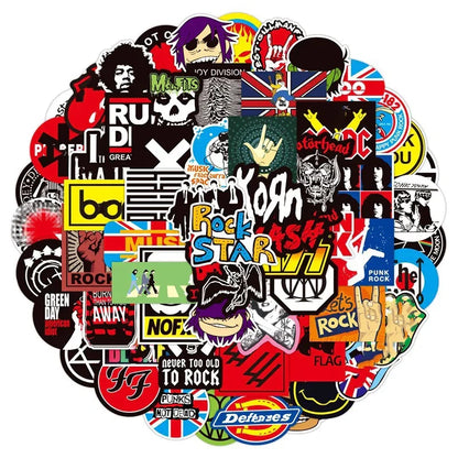 A vibrant set of 100pcs classic graffiti music band decals featuring bold punk rock designs for diy helmet guitar and laptop