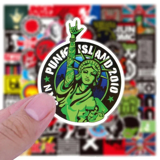 Green statue of liberty sticker with punk island 2010 text star accents for 100pcs classic rock graffiti music band decals on laptop phone motorcycle