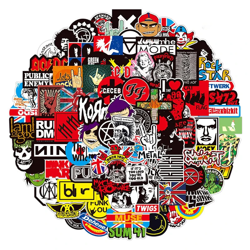 A vibrant collection of 100pcs classic rock graffiti music band stickers with colorful logos for laptop phone motorcycle
