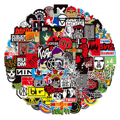 A vibrant collection of 100pcs classic rock graffiti music band stickers with colorful logos for laptop phone motorcycle