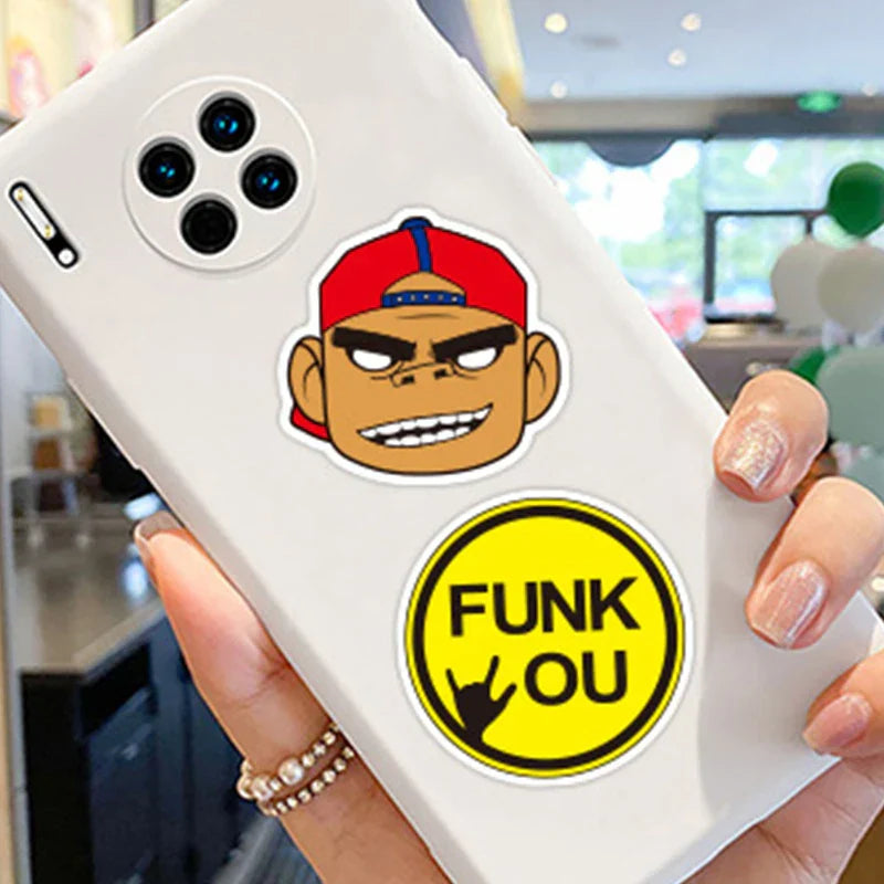 White phone case with cartoon monkey and funk you sticker from 100pcs classic rock graffiti music band decals for laptop phone motorcycle