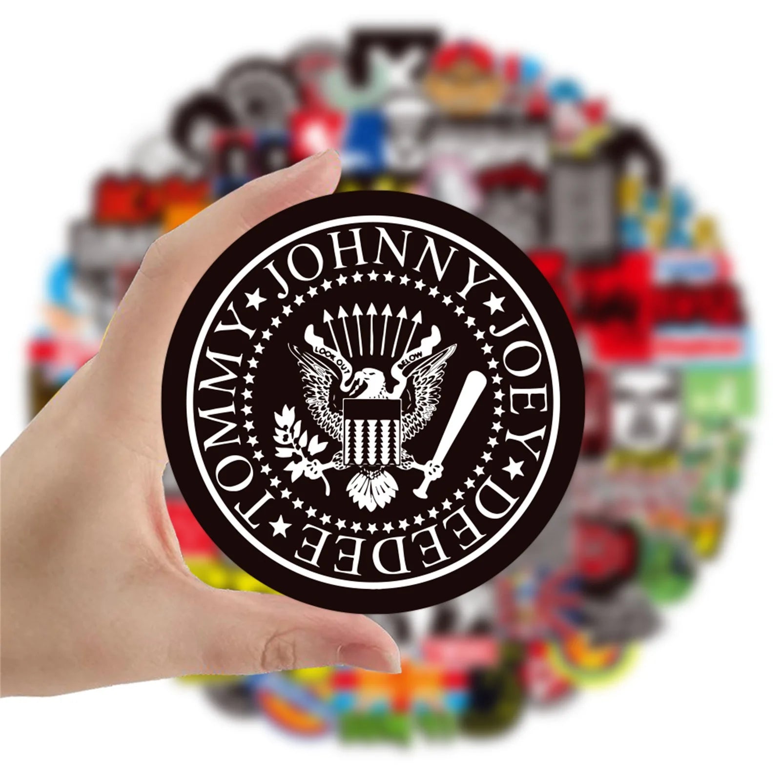 Black circular punk style sticker with white eagle emblem and personalized decorative graffiti text for toys diy scrapbook
